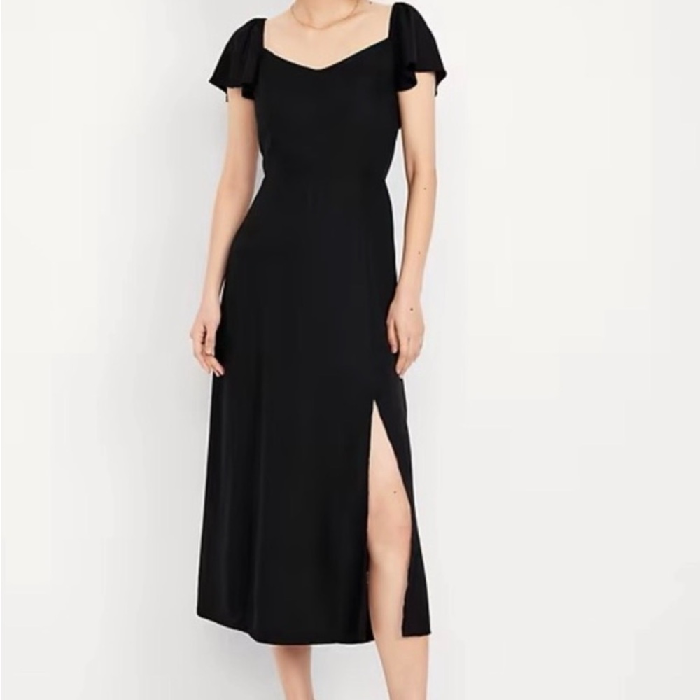 Old Navy Black Midi Dress with Flutter Sleeves and Side Slit